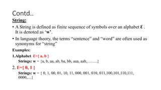 Contd..
String:
? A String is defined as finite sequence of symbols over an alphabet ? .
It is denoted as w.
? In language theory, the terms sentence and word are often used as
synonyms for string
Examples:
1.Alphabet ?={ a, b }
Strings: w = {a, b, aa, ab, ba, bb, aaa, aab,..}
2. ?={ 0, 1 }
Strings: w = { 0, 1, 00, 01, 10, 11, 000, 001, 010, 011,100,101,110,111,
0000,....}
 