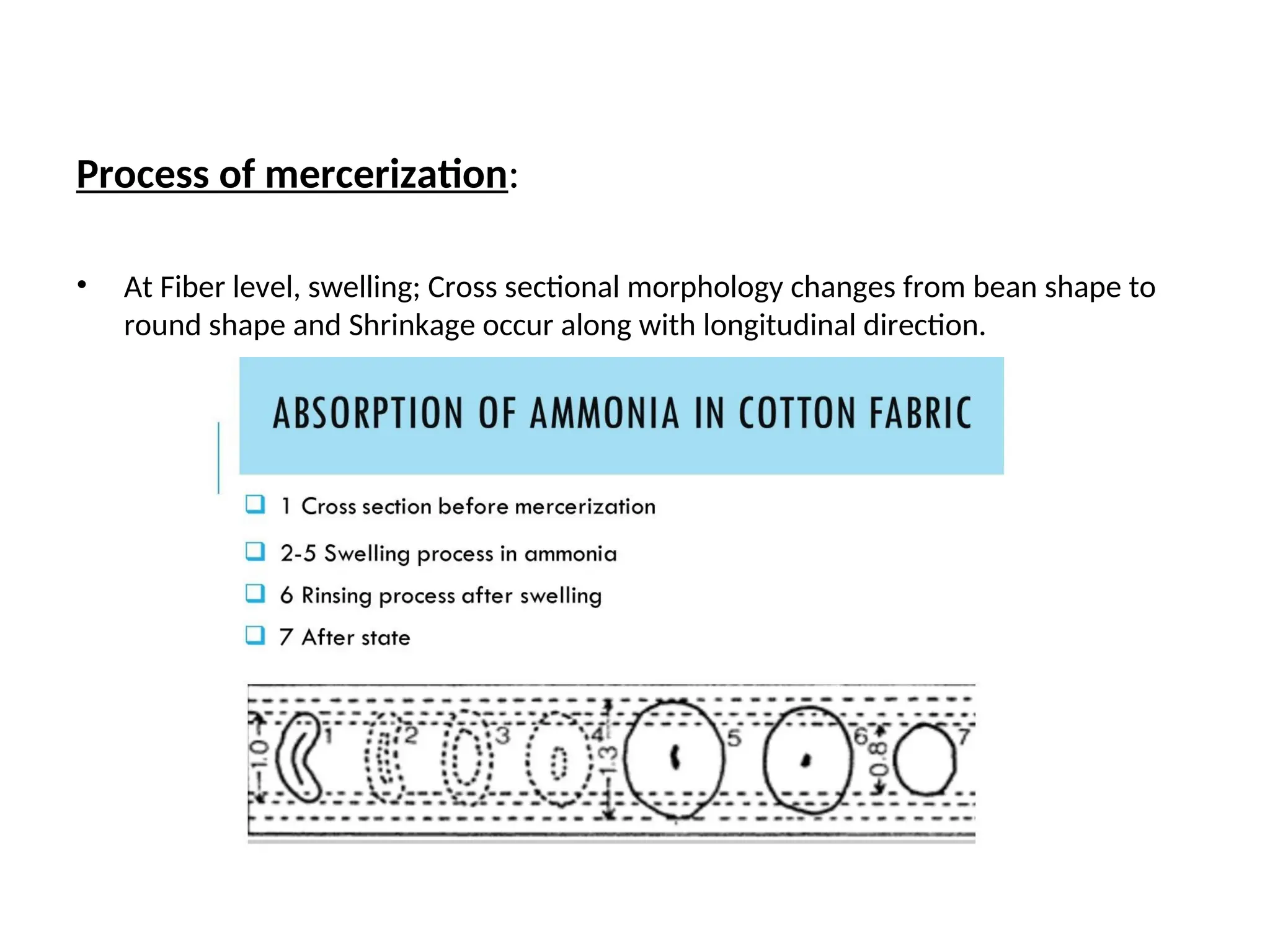 Process of mercerization:
• At Fiber level, swelling; Cross sectional morphology changes from bean shape to
round shape and Shrinkage occur along with longitudinal direction.
 
