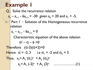 Example 1
Q . Solve the recurrence relation
an – an-1 - 6an-2 = -30 given a0 = 20 and a1 = -5.
A. Part 1 : Solution of the Homogeneous recurrence
relation
an – an-1 - 6an-2 = 0
Characteristic equation of the above relation
α2
– α – 6 =0
Therefore (α-3)(α+2)=0
Hence α = -2, 3 i.e α1 = -2 and α2 = 3
Thus, an= A1 (α1)n
+ A2 (α2)n
an= A1 (-2)n
+ A2 (3)n
………………(1)
 