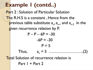 Example 1 (contd..)
Part 2 : Solution of Particular Solution
The R.H.S is a constant , Hence from the
previous table substitute an, an-1 and an-2 in the
given recurrence relation by P.
P – P – 6P = -30
-6P = -30
P = 5
Thus, an = 5 …………………….(2)
Total Solution of recurrence relation is
Part 1 + Part 2
 
