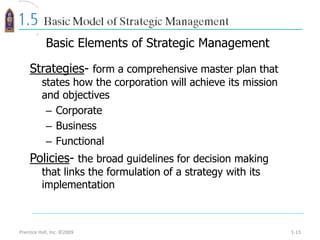 Prentice Hall, Inc. ©2009 1-13
Strategies- form a comprehensive master plan that
states how the corporation will achieve its mission
and objectives
– Corporate
– Business
– Functional
Policies- the broad guidelines for decision making
that links the formulation of a strategy with its
implementation
Basic Elements of Strategic Management
 