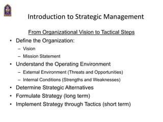 Introduction to Strategic Management
From Organizational Vision to Tactical Steps
• Define the Organization:
– Vision
– Mission Statement
• Understand the Operating Environment
– External Environment (Threats and Opportunities)
– Internal Conditions (Strengths and Weaknesses)
• Determine Strategic Alternatives
• Formulate Strategy (long term)
• Implement Strategy through Tactics (short term)
 