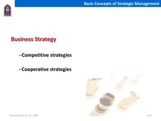 Prentice Hall, Inc. © 2006 1-39
Basic Concepts of Strategic Management
Business Strategy
–Competitive strategies
–Cooperative strategies
 