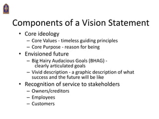 Components of a Vision Statement
• Core ideology
– Core Values - timeless guiding principles
– Core Purpose - reason for being
• Envisioned future
– Big Hairy Audacious Goals (BHAG) -
clearly articulated goals
– Vivid description - a graphic description of what
success and the future will be like
• Recognition of service to stakeholders
– Owners/creditors
– Employees
– Customers
 