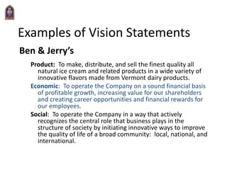 Examples of Vision Statements
Ben & Jerry’s
Product: To make, distribute, and sell the finest quality all
natural ice cream and related products in a wide variety of
innovative flavors made from Vermont dairy products.
Economic: To operate the Company on a sound financial basis
of profitable growth, increasing value for our shareholders
and creating career opportunities and financial rewards for
our employees.
Social: To operate the Company in a way that actively
recognizes the central role that business plays in the
structure of society by initiating innovative ways to improve
the quality of life of a broad community: local, national, and
international.
 