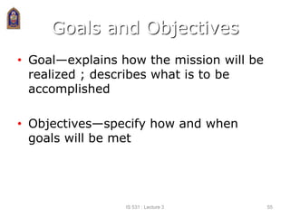 Goals and Objectives
• Goal—explains how the mission will be
realized ; describes what is to be
accomplished
• Objectives—specify how and when
goals will be met
IS 531 : Lecture 3 55
 
