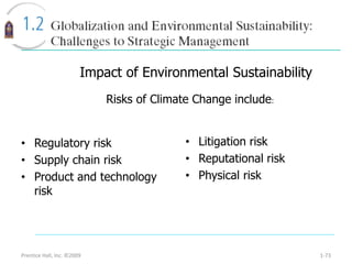 Prentice Hall, Inc. ©2009 1-73
• Regulatory risk
• Supply chain risk
• Product and technology
risk
• Litigation risk
• Reputational risk
• Physical risk
Risks of Climate Change include:
Impact of Environmental Sustainability
 