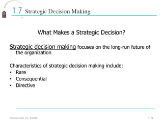 Prentice Hall, Inc. ©2009 1-74
What Makes a Strategic Decision?
Strategic decision making focuses on the long-run future of
the organization
Characteristics of strategic decision making include:
• Rare
• Consequential
• Directive
 