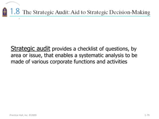 Prentice Hall, Inc. ©2009 1-79
Strategic audit provides a checklist of questions, by
area or issue, that enables a systematic analysis to be
made of various corporate functions and activities
 