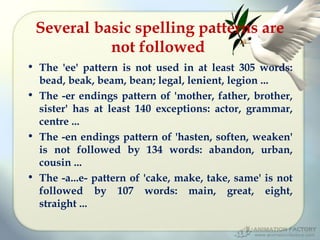 Several basic spelling patterns are
not followed
• The 'ee' pattern is not used in at least 305 words:
bead, beak, beam, bean; legal, lenient, legion ...
• The -er endings pattern of 'mother, father, brother,
sister' has at least 140 exceptions: actor, grammar,
centre ...
• The -en endings pattern of 'hasten, soften, weaken'
is not followed by 134 words: abandon, urban,
cousin ...
• The -a...e- pattern of 'cake, make, take, same' is not
followed by 107 words: main, great, eight,
straight ...

 