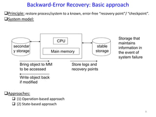 8
Principle: restore process/system to a known, error-free “recovery point”/ “checkpoint”.
System model:
Approaches:
 (1) Operation-based approach
 (2) State-based approach
Backward-Error Recovery: Basic approach
CPU
Main memory
secondar
y storage
stable
storage
Storage that
maintains
information in
the event of
system failure
Bring object to MM
to be accessed
Store logs and
recovery points
Write object back
if modified
 