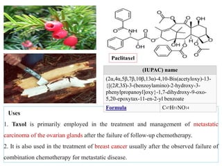 Uses
1. Taxol is primarily employed in the treatment and management of metastatic
carcinoma of the ovarian glands after the failure of follow-up chemotherapy.
2. It is also used in the treatment of breast cancer usually after the observed failure of
combination chemotherapy for metastatic disease.
(IUPAC) name
(2α,4α,5β,7β,10β,13α)-4,10-Bis(acetyloxy)-13-
{[(2R,3S)-3-(benzoylamino)-2-hydroxy-3-
phenylpropanoyl]oxy}-1,7-dihydroxy-9-oxo-
5,20-epoxytax-11-en-2-yl benzoate
Formula C47H51NO14
Paclitaxel
 