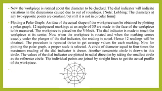 • Now the workpiece is rotated about the diameter to be checked. The dial indicator will indicate
variations in the dimensions caused due to out of roundness. [Note: Lobbing: The diameters at
any two opposite points are constant, but still it is not in circular form]
• Plotting a Polar Graph: An idea of the actual shape of the workpiece can be obtained by plotting
a polar graph. 12 equispaced markings at an angle of 30̊ are made in the face of the workpiece
to be measured. The workpiece is placed on the V-block. The dial indicator is made to touch the
workpiece at its center. Now when the workpiece is rotated and when the marking comes
exactly under the plunger of the dial indicator, the reading is noted. Hence 12 readings will be
obtained. The procedure is repeated thrice to get average values for each marking. Now for
plotting the polar graph, a proper scale is selected. A circle of diameter equal to four times the
maximum reading of the dial indicator is drawn. Another concentric circle is drawn in this
circle. The values of the dial indicator are plotted in radial direction by taking the smallest circle
as the reference circle. The individual points are joined by straight lines to get the actual profile
of the workpiece.
•
 