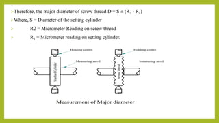 Therefore, the major diameter of screw thread D = S ± (R2 - R1)
Where, S = Diameter of the setting cylinder
 R2 = Micrometer Reading on screw thread
 R1 = Micrometer reading on setting cylinder.
 