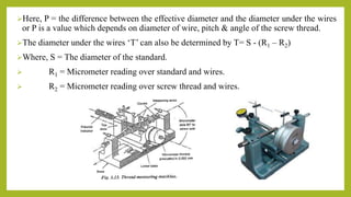Here, P = the difference between the effective diameter and the diameter under the wires
or P is a value which depends on diameter of wire, pitch & angle of the screw thread.
The diameter under the wires ‘T’ can also be determined by T= S - (R1 – R2)
Where, S = The diameter of the standard.
 R1 = Micrometer reading over standard and wires.
 R2 = Micrometer reading over screw thread and wires.
 