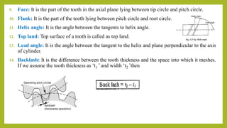 9. Face: It is the part of the tooth in the axial plane lying between tip circle and pitch circle.
10. Flank: It is the part of the tooth lying between pitch circle and root circle.
11. Helix angle: It is the angle between the tangents to helix angle.
12. Top land: Top surface of a tooth is called as top land.
13. Lead angle: It is the angle between the tangent to the helix and plane perpendicular to the axis
of cylinder.
14. Backlash: It is the difference between the tooth thickness and the space into which it meshes.
If we assume the tooth thickness as ‘t1 ’ and width ‘t2 ’then
 