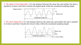4. The depth of Smoothness(Ru): It is the distance between the mean line and another line that is
parallel to it drawn such that it touches the highest peak within the considered sampling length.
5. The Mean Depth (Rm): It is the distance between the mean line and another line that is parallel
to it drawn such that it touches the lowest valley within the considered sampling length.
Ru
Mean Line
Sampling Length (L)
Rm
Mean Line
Highest Peak
Lowest Valley
Sampling Length (L)
 