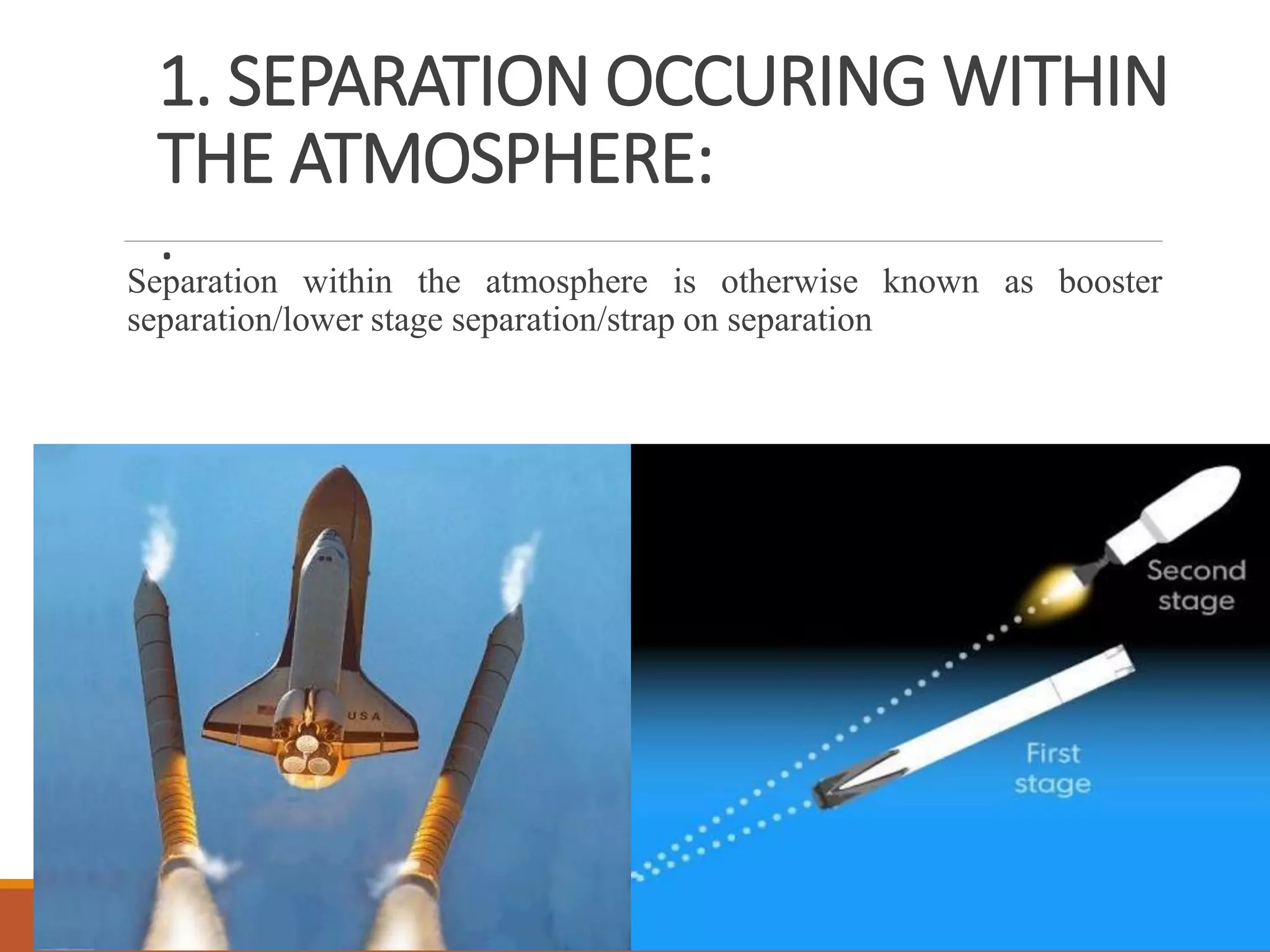 1. SEPARATION OCCURING WITHIN
THE ATMOSPHERE:
.Separation within the atmosphere is otherwise known as booster
separation/lower stage separation/strap on separation
DINESH BABU-AP-AERO NIET
 