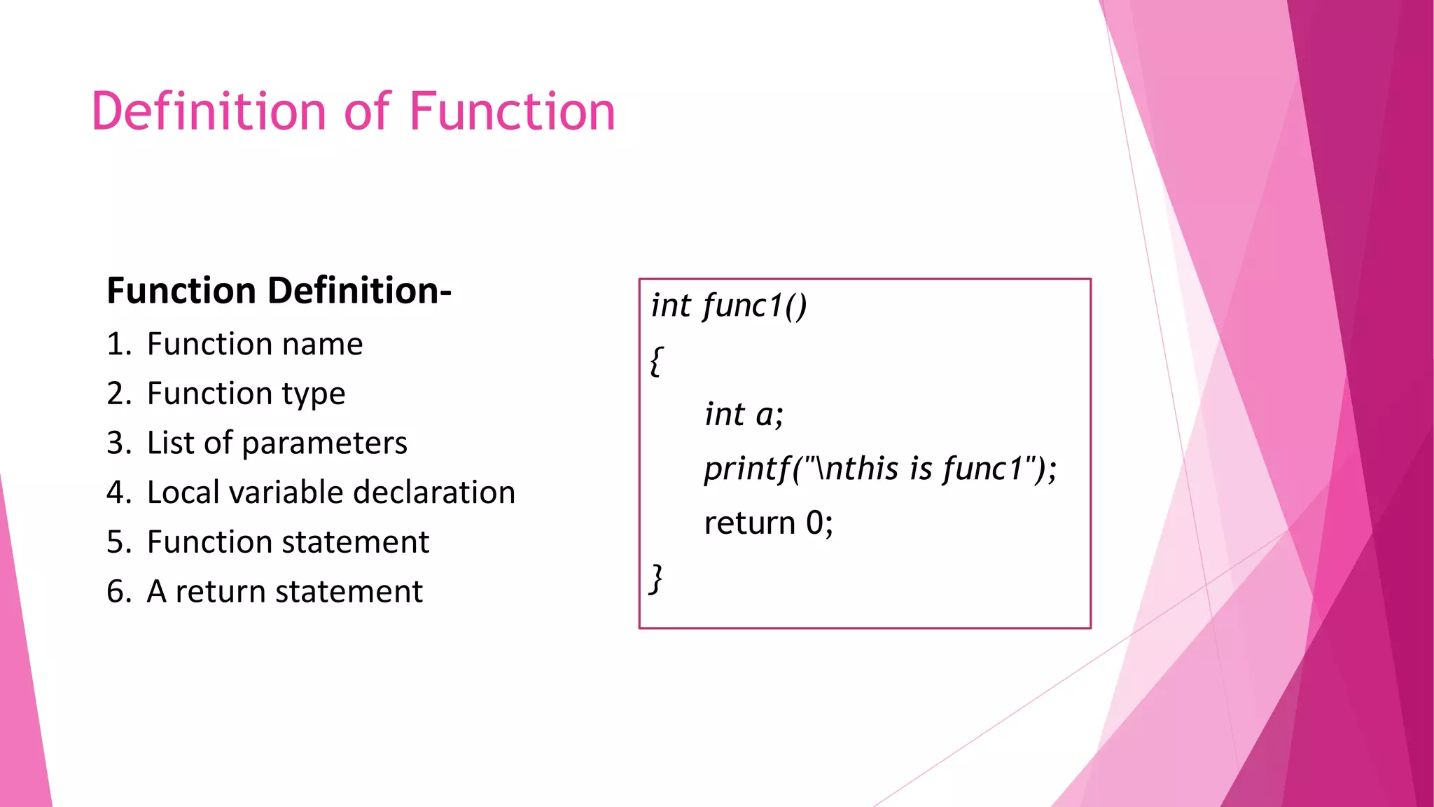 Definition of Function
int func1()
{
int a;
printf("nthis is func1");
return 0;
}
Function Definition-
1. Function name
2. Function type
3. List of parameters
4. Local variable declaration
5. Function statement
6. A return statement
 