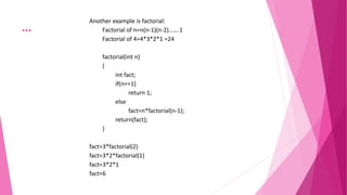 …
Another example is factorial:
Factorial of n=n(n-1)(n-2)…….1
Factorial of 4=4*3*2*1 =24
factorial(int n)
{
int fact;
if(n==1)
return 1;
else
fact=n*factorial(n-1);
return(fact);
}
fact=3*factorial(2)
fact=3*2*factorial(1)
fact=3*2*1
fact=6
 