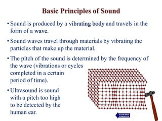 Basic Principles of Sound
• Sound is produced by a vibrating body and travels in the
form of a wave.
• Sound waves travel through materials by vibrating the
particles that make up the material.
• The pitch of the sound is determined by the frequency of
the wave (vibrations or cycles
completed in a certain
period of time).
• Ultrasound is sound
with a pitch too high
to be detected by the
human ear.
 