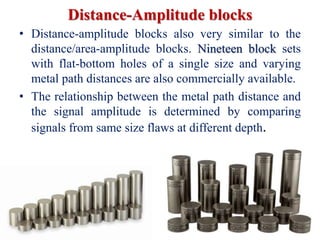 Distance-Amplitude blocks
• Distance-amplitude blocks also very similar to the
distance/area-amplitude blocks. Nineteen block sets
with flat-bottom holes of a single size and varying
metal path distances are also commercially available.
• The relationship between the metal path distance and
the signal amplitude is determined by comparing
signals from same size flaws at different depth.
 