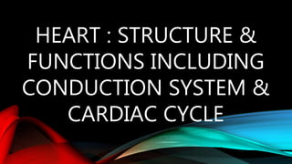 HEART : STRUCTURE &
FUNCTIONS INCLUDING
CONDUCTION SYSTEM &
CARDIAC CYCLE
 