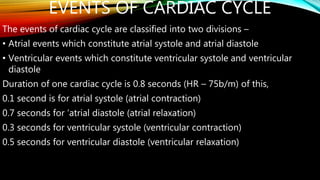 EVENTS OF CARDIAC CYCLE
The events of cardiac cycle are classified into two divisions –
• Atrial events which constitute atrial systole and atrial diastole
• Ventricular events which constitute ventricular systole and ventricular
diastole
Duration of one cardiac cycle is 0.8 seconds (HR – 75b/m) of this,
0.1 second is for atrial systole (atrial contraction)
0.7 seconds for ‘atrial diastole (atrial relaxation)
0.3 seconds for ventricular systole (ventricular contraction)
0.5 seconds for ventricular diastole (ventricular relaxation)
 