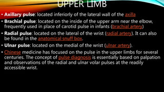 UPPER LIMB
• Axillary pulse: located inferiorly of the lateral wall of the axilla
• Brachial pulse: located on the inside of the upper arm near the elbow,
frequently used in place of carotid pulse in infants (brachial artery)
• Radial pulse: located on the lateral of the wrist (radial artery). It can also
be found in the anatomical snuff box.
• Ulnar pulse: located on the medial of the wrist (ulnar artery).
• Chinese medicine has focused on the pulse in the upper limbs for several
centuries. The concept of pulse diagnosis is essentially based on palpation
and observations of the radial and ulnar volar pulses at the readily
accessible wrist.
 