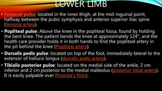 LOWER LIMB
• Femoral pulse: located in the inner thigh, at the mid-inguinal point,
halfway between the pubic symphysis and anterior superior iliac spine
(femoral artery).
• Popliteal pulse: Above the knee in the popliteal fossa, found by holding
the bent knee. The patient bends the knee at approximately 124°, and the
health care provider holds it in both hands to find the popliteal artery in
the pit behind the knee (Popliteal artery).
• Dorsalis pedis pulse: located on top of the foot, immediately lateral to the
extensor of hallucis longus (dorsalis pedis artery).
• Tibialis posterior pulse: located on the medial side of the ankle, 2 cm
inferior and 2 cm posterior to the medial malleolus (posterior tibial artery).
It is easily palpable over Pimenta's Point.
 