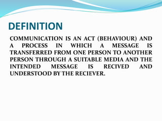DEFINITION
COMMUNICATION IS AN ACT (BEHAVIOUR) AND
A PROCESS IN WHICH A MESSAGE IS
TRANSFERRED FROM ONE PERSON TO ANOTHER
PERSON THROUGH A SUITABLE MEDIA AND THE
INTENDED MESSAGE IS RECIVED AND
UNDERSTOOD BY THE RECIEVER.
 
