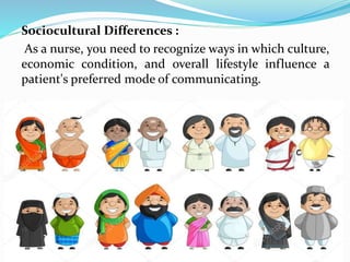 Sociocultural Differences :
As a nurse, you need to recognize ways in which culture,
economic condition, and overall lifestyle influence a
patient's preferred mode of communicating.
 