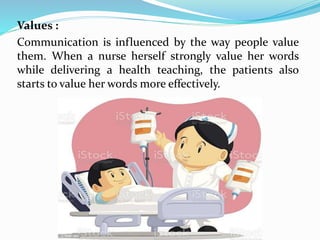 Values :
Communication is influenced by the way people value
them. When a nurse herself strongly value her words
while delivering a health teaching, the patients also
starts to value her words more effectively.
 