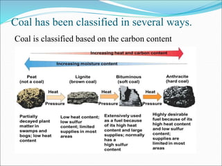 Coal has been classified in several ways.
Coal is classified based on the carbon content
 