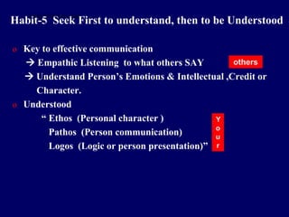 Habit-5 Seek First to understand, then to be Understood
o Key to effective communication
 Empathic Listening to what others SAY
 Understand Person’s Emotions & Intellectual ,Credit or
Character.
o Understood
“ Ethos (Personal character )
Pathos (Person communication)
Logos (Logic or person presentation)”
Y
o
u
r
others
STUDENTSFOCUS.COM
 