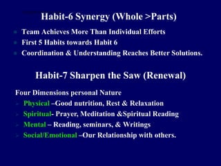 Habit-6 Synergy (Whole >Parts)
 Team Achieves More Than Individual Efforts
 First 5 Habits towards Habit 6
 Coordination & Understanding Reaches Better Solutions.
Habit-7 Sharpen the Saw (Renewal)
Four Dimensions personal Nature
 Physical –Good nutrition, Rest & Relaxation
 Spiritual- Prayer, Meditation &Spiritual Reading
 Mental – Reading, seminars, & Writings
 Social/Emotional –Our Relationship with others.
STUDENTSFOCUS.COM
 