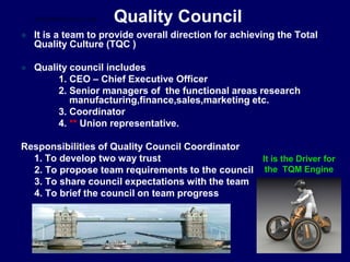 Quality Council
 It is a team to provide overall direction for achieving the Total
Quality Culture (TQC )
 Quality council includes
1. CEO – Chief Executive Officer
2. Senior managers of the functional areas research
manufacturing,finance,sales,marketing etc.
3. Coordinator
4. ** Union representative.
Responsibilities of Quality Council Coordinator
1. To develop two way trust
2. To propose team requirements to the council
3. To share council expectations with the team
4. To brief the council on team progress
It is the Driver for
the TQM Engine
STUDENTSFOCUS.COM
 