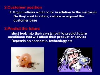 2.Customer position
 Organizations wants to be in relation to the customer
Do they want to retain, reduce or expand the
customer base
3.Predict the future
Must look into their crystal ball to predict future
conditions that will affect their product or service
Depends on economic, technology etc.
STUDENTSFOCUS.COM
 