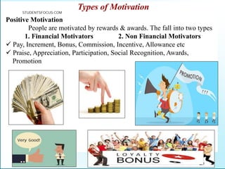Types of Motivation
Positive Motivation
People are motivated by rewards & awards. The fall into two types
1. Financial Motivators 2. Non Financial Motivators
 Pay, Increment, Bonus, Commission, Incentive, Allowance etc
 Praise, Appreciation, Participation, Social Recognition, Awards,
Promotion
STUDENTSFOCUS.COM
 