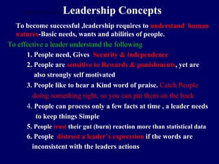 Leadership Concepts
To become successful ,leadership requires to understand human
natures-Basic needs, wants and abilities of people.
To effective a leader understand the following
1. People need, Gives Security & independence
2. People are sensitive to Rewards & punishments, yet are
also strongly self motivated
3. People like to hear a Kind word of praise. Catch People
doing something right, so you can pat them on the back
4. People can process only a few facts at time , a leader needs
to keep things Simple
5. People trust their gut (burn) reaction more than statistical data
6. People distrust a leader’s expression if the words are
inconsistent with the leaders actions
STUDENTSFOCUS.COM
 