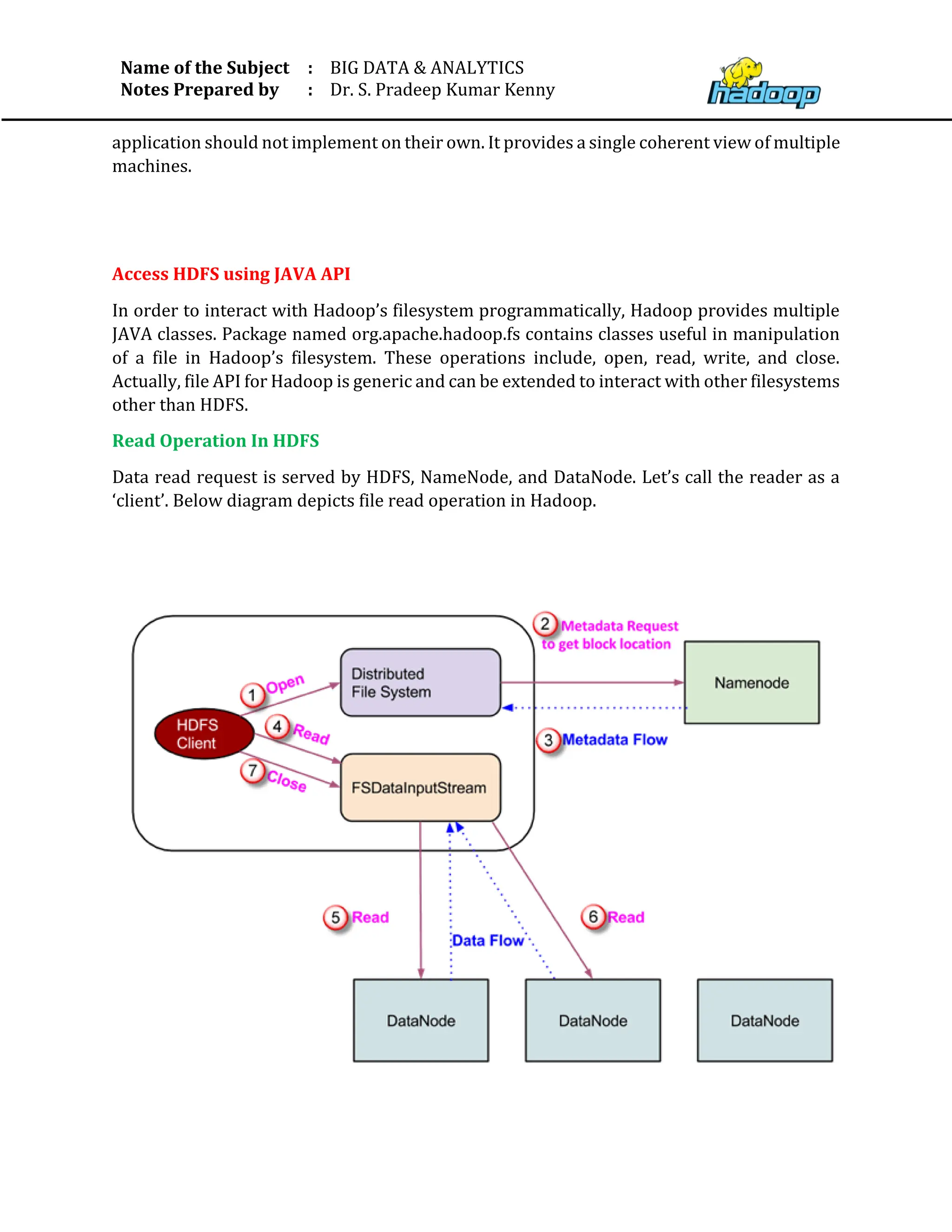 Name of the Subject
Notes Prepared by
:
:
BIG DATA & ANALYTICS
Dr. S. Pradeep Kumar Kenny
application should not implement on their own. It provides a single coherent view of multiple
machines.
Access HDFS using JAVA API
In order to interact with Hadoop’s filesystem programmatically, Hadoop provides multiple
JAVA classes. Package named org.apache.hadoop.fs contains classes useful in manipulation
of a file in Hadoop’s filesystem. These operations include, open, read, write, and close.
Actually, file API for Hadoop is generic and can be extended to interact with other filesystems
other than HDFS.
Read Operation In HDFS
Data read request is served by HDFS, NameNode, and DataNode. Let’s call the reader as a
‘client’. Below diagram depicts file read operation in Hadoop.
 