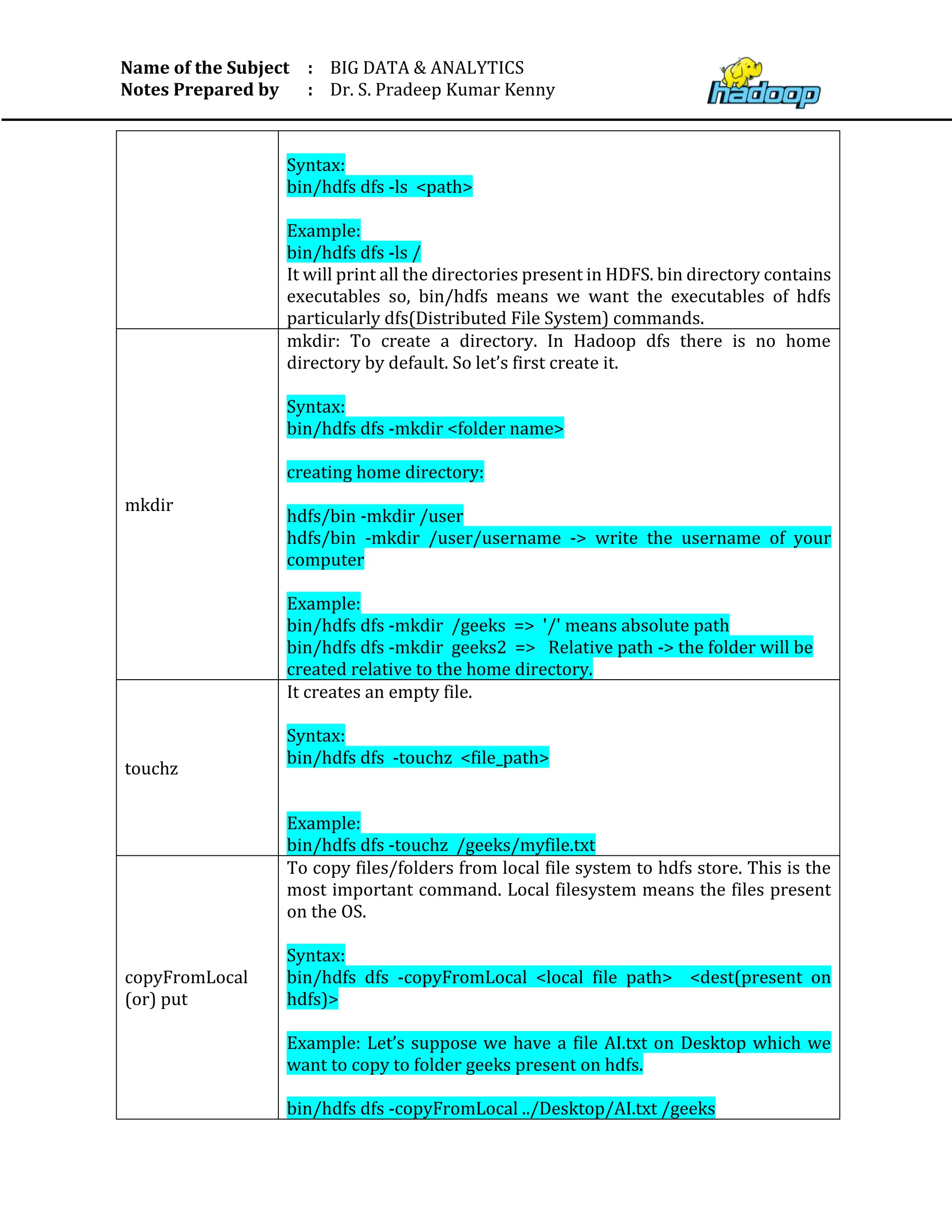 Name of the Subject
Notes Prepared by
:
:
BIG DATA & ANALYTICS
Dr. S. Pradeep Kumar Kenny
Syntax:
bin/hdfs dfs -ls <path>
Example:
bin/hdfs dfs -ls /
It will print all the directories present in HDFS. bin directory contains
executables so, bin/hdfs means we want the executables of hdfs
particularly dfs(Distributed File System) commands.
mkdir
mkdir: To create a directory. In Hadoop dfs there is no home
directory by default. So let’s first create it.
Syntax:
bin/hdfs dfs -mkdir <folder name>
creating home directory:
hdfs/bin -mkdir /user
hdfs/bin -mkdir /user/username -> write the username of your
computer
Example:
bin/hdfs dfs -mkdir /geeks => '/' means absolute path
bin/hdfs dfs -mkdir geeks2 => Relative path -> the folder will be
created relative to the home directory.
touchz
It creates an empty file.
Syntax:
bin/hdfs dfs -touchz <file_path>
Example:
bin/hdfs dfs -touchz /geeks/myfile.txt
copyFromLocal
(or) put
To copy files/folders from local file system to hdfs store. This is the
most important command. Local filesystem means the files present
on the OS.
Syntax:
bin/hdfs dfs -copyFromLocal <local file path> <dest(present on
hdfs)>
Example: Let’s suppose we have a file AI.txt on Desktop which we
want to copy to folder geeks present on hdfs.
bin/hdfs dfs -copyFromLocal ../Desktop/AI.txt /geeks
 