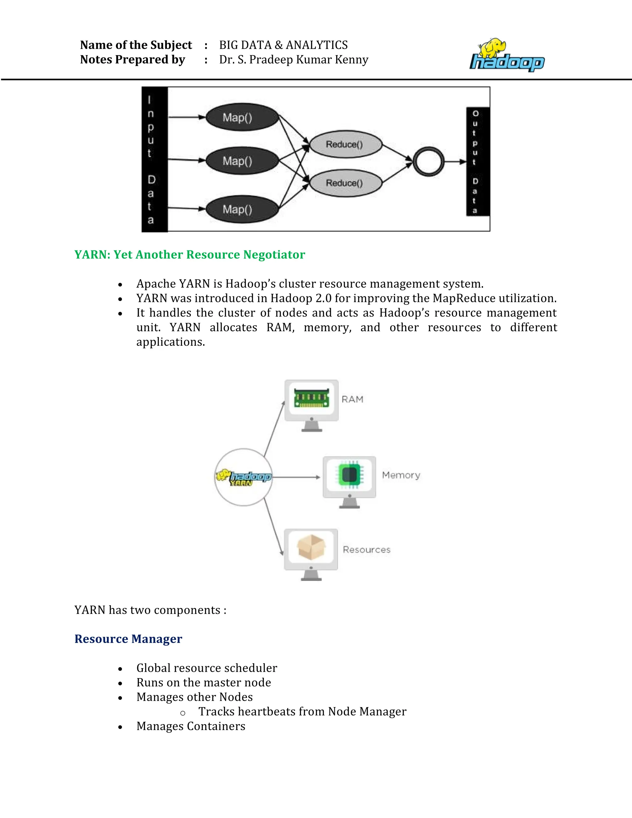Name of the Subject
Notes Prepared by
:
:
BIG DATA & ANALYTICS
Dr. S. Pradeep Kumar Kenny
YARN: Yet Another Resource Negotiator
• Apache YARN is Hadoop’s cluster resource management system.
• YARN was introduced in Hadoop 2.0 for improving the MapReduce utilization.
• It handles the cluster of nodes and acts as Hadoop’s resource management
unit. YARN allocates RAM, memory, and other resources to different
applications.
YARN has two components :
Resource Manager
• Global resource scheduler
• Runs on the master node
• Manages other Nodes
o Tracks heartbeats from Node Manager
• Manages Containers
 