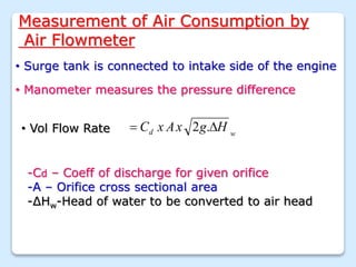 Measurement of Air Consumption by
Air Flowmeter
• Surge tank is connected to intake side of the engine
• Manometer measures the pressure difference
• Vol Flow Rate w
d H
g
x
A
x
C 
 .
2
-Cd – Coeff of discharge for given orifice
-A – Orifice cross sectional area
-ΔHw-Head of water to be converted to air head
 