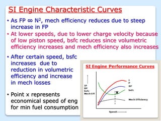 SI Engine Characteristic Curves
• As FP ∞ N2, mech efficiency reduces due to steep
increase in FP
• At lower speeds, due to lower charge velocity because
of low piston speed, bsfc reduces since volumetric
efficiency increases and mech efficiency also increases
• After certain speed, bsfc
increases due to
reduction in volumetric
efficiency and increase
in mech losses
x
• Point x represents
economical speed of eng
for min fuel consumption
 