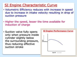 SI Engine Characteristic Curve
• Volumetric Efficiency reduces with increase in speed
due to increase in intake velocity resulting in drop of
suction pressure
• Higher the speed, lesser the time available for
induction of charge
• Suction valve fully opens
only when pressure inside
cylinder slightly below
the surrounding pressure,
thus reducing effective
suction stroke
 