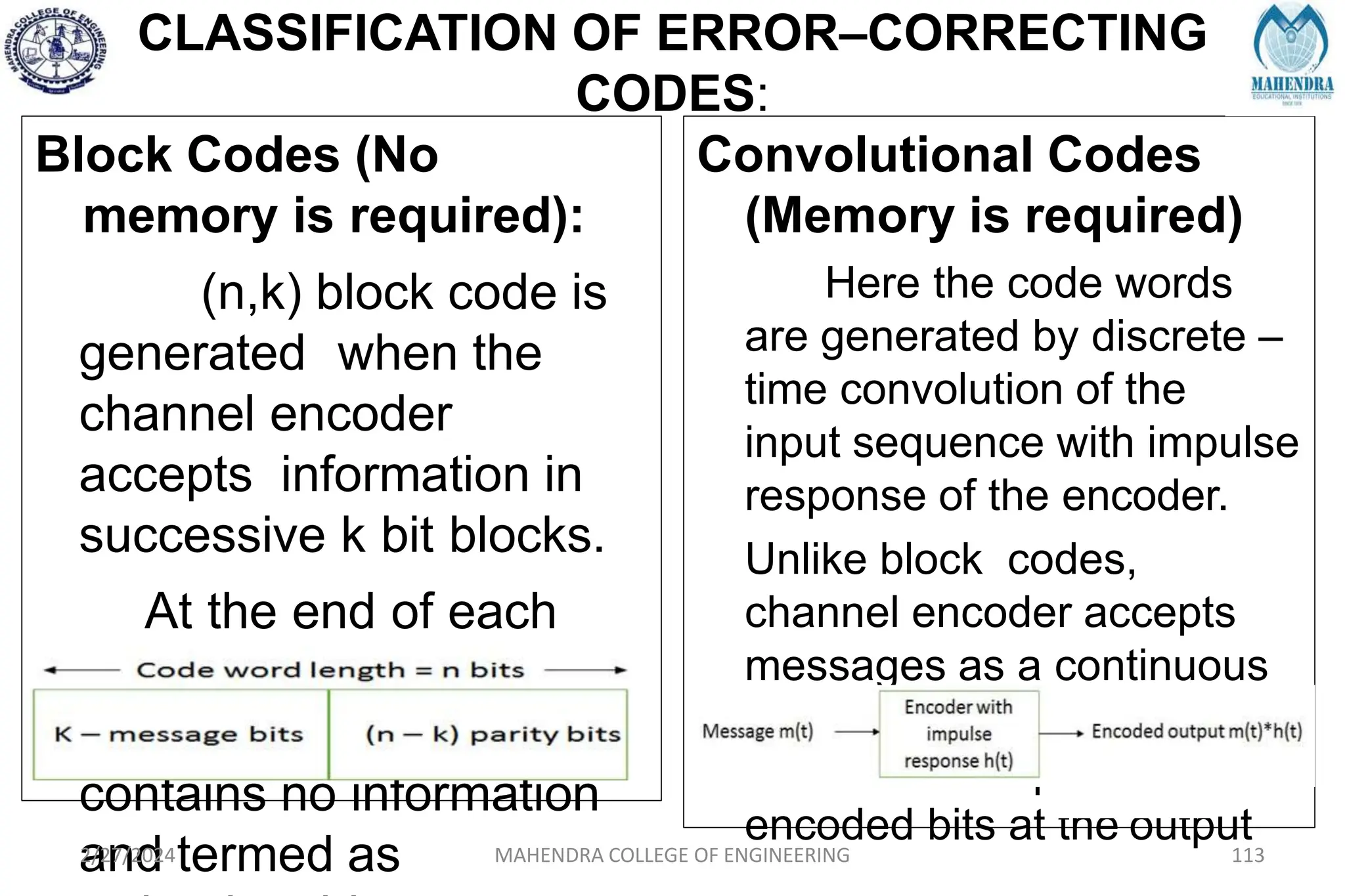CLASSIFICATION OF ERROR–CORRECTING
CODES:
Block Codes (No
memory is required):
(n,k) block code is
generated when the
channel encoder
accepts information in
successive k bit blocks.
At the end of each
such block, (n- k) parity
bit is added, which
contains no information
and termed as
Convolutional Codes
(Memory is required)
Here the code words
are generated by discrete –
time convolution of the
input sequence with impulse
response of the encoder.
Unlike block codes,
channel encoder accepts
messages as a continuous
sequence and generates a
continuous sequence of
encoded bits at the output
2/27/2024 MAHENDRA COLLEGE OF ENGINEERING 113
 