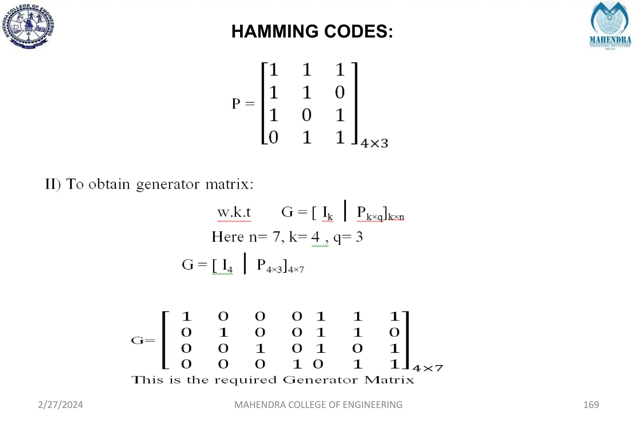 HAMMING CODES:
2/27/2024 MAHENDRA COLLEGE OF ENGINEERING 169
 
