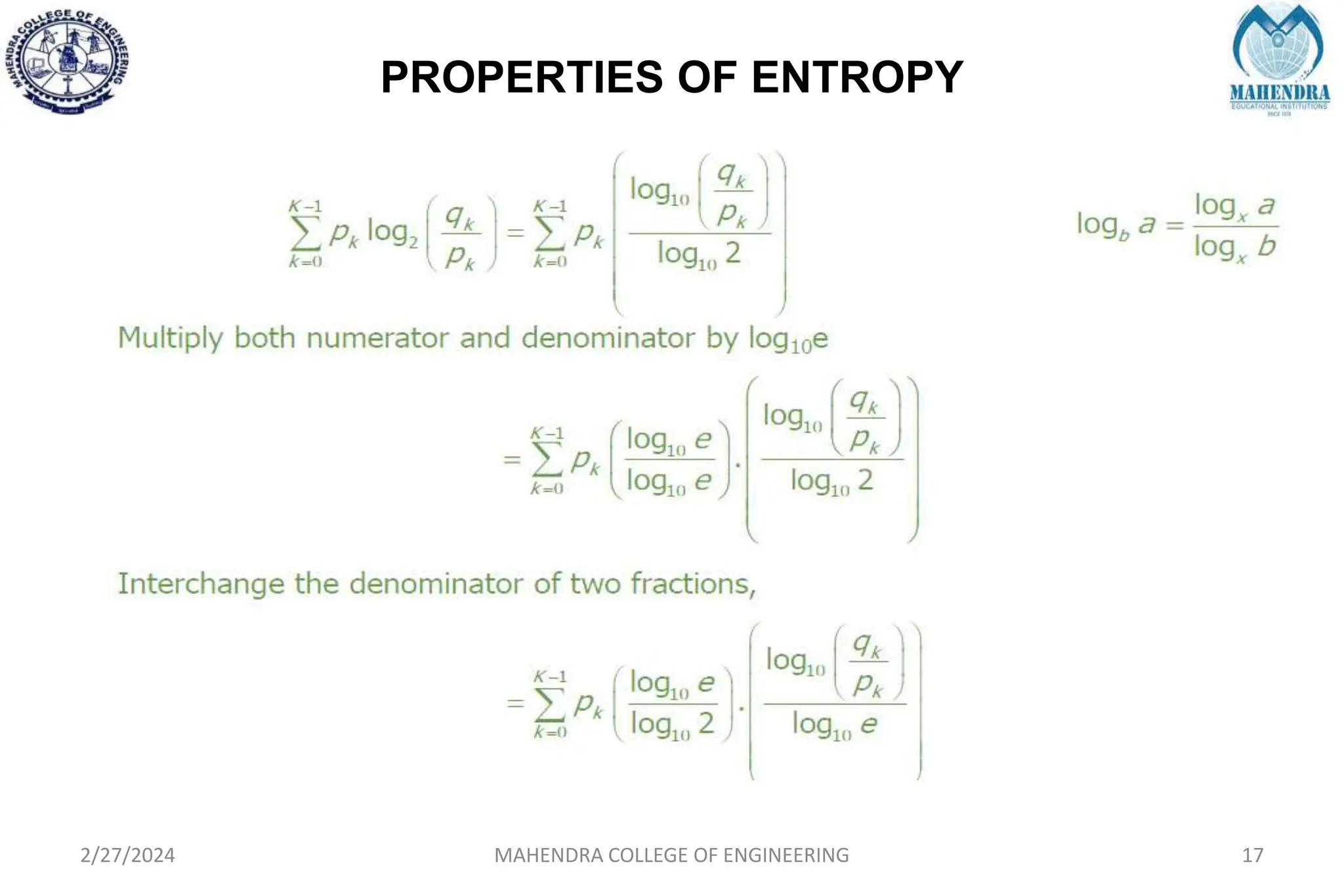 PROPERTIES OF ENTROPY
2/27/2024 MAHENDRA COLLEGE OF ENGINEERING 17
 