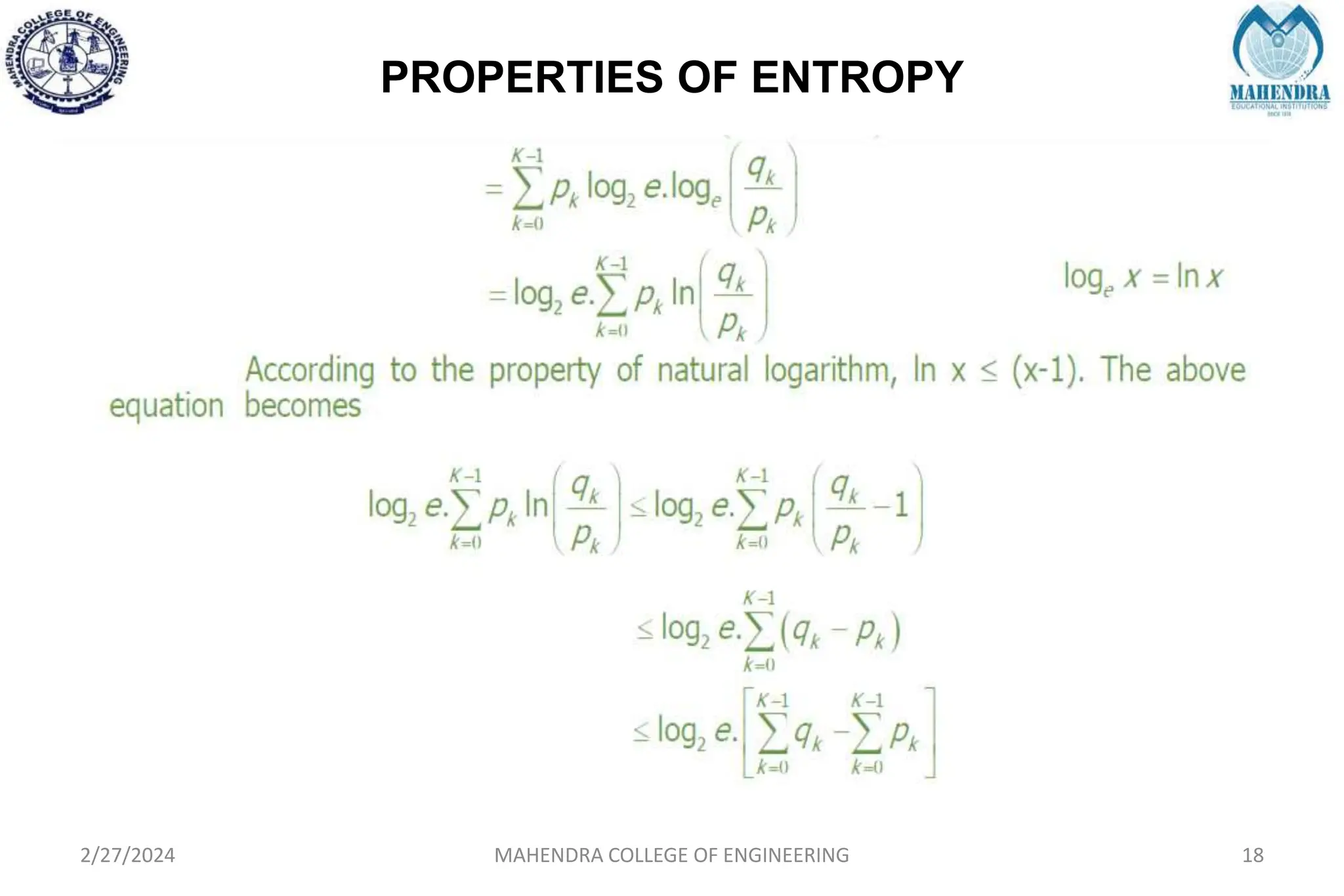 PROPERTIES OF ENTROPY
2/27/2024 MAHENDRA COLLEGE OF ENGINEERING 18
 
